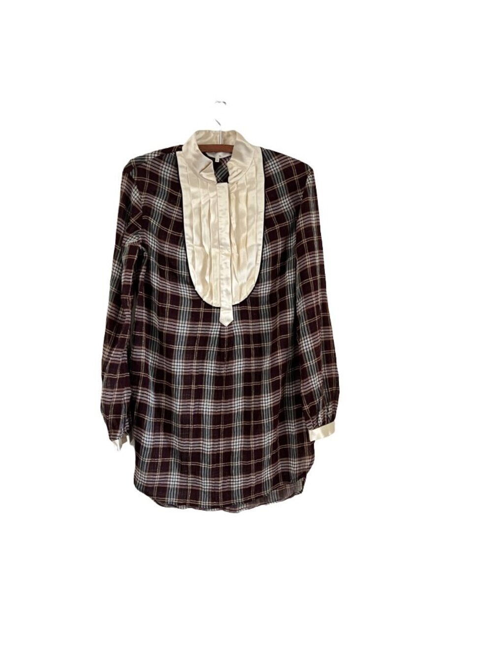 3.1 Phillip Lim Burgundy Sheer Plaid Satin Pleated Bib Wool Blend Tunic Blouse 6